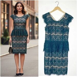 Anthropologie Maeve Elsa Green Lace Overlay Peplum Dress Size Small
